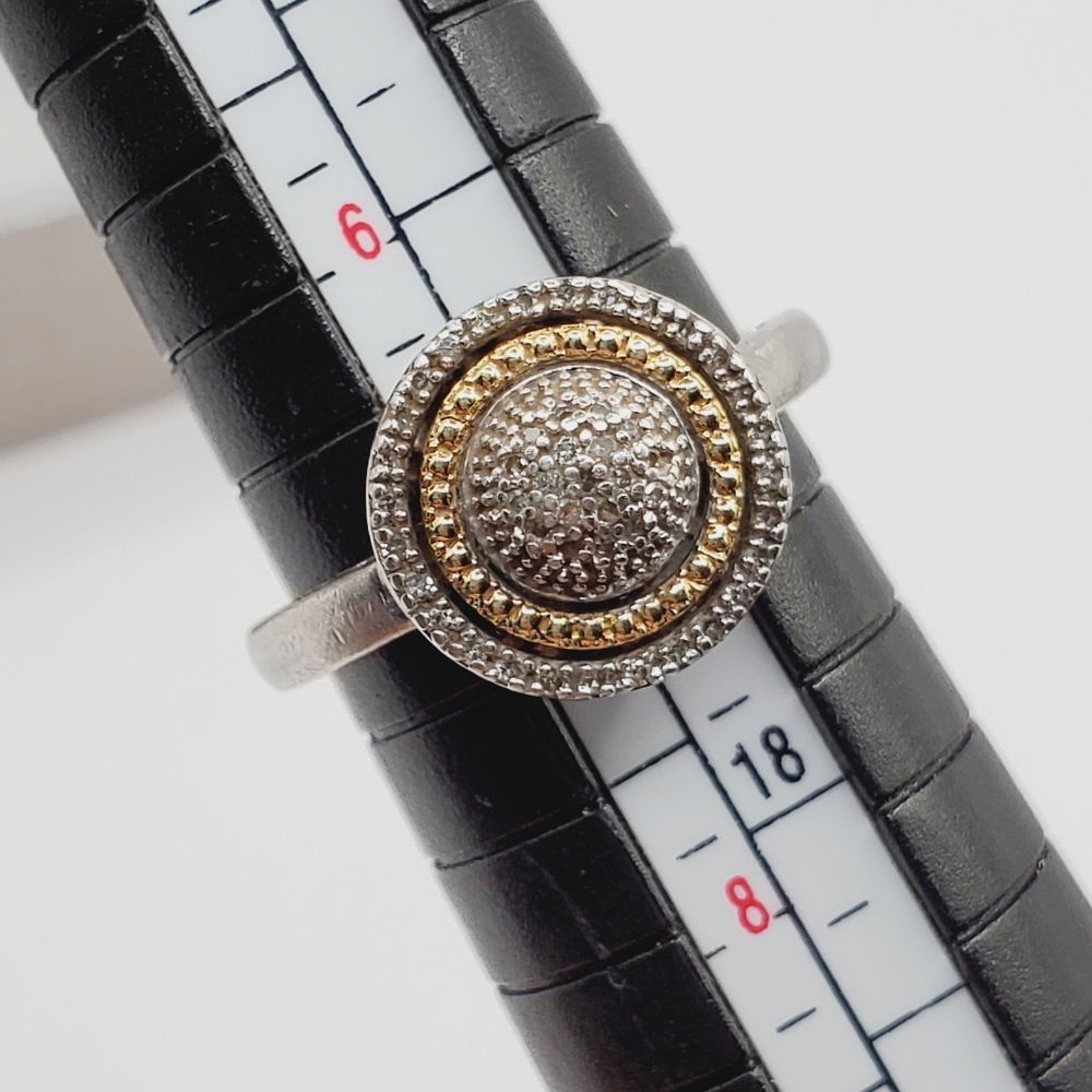 14k 925 Two Tone Sterling Silver & Yellow Gold Genuine Diamond Circle Dome Ring - Picture 6 of 6